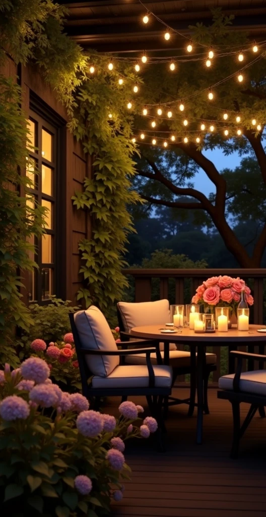 Table set for a romantic candlelit dinner on the porch of a house