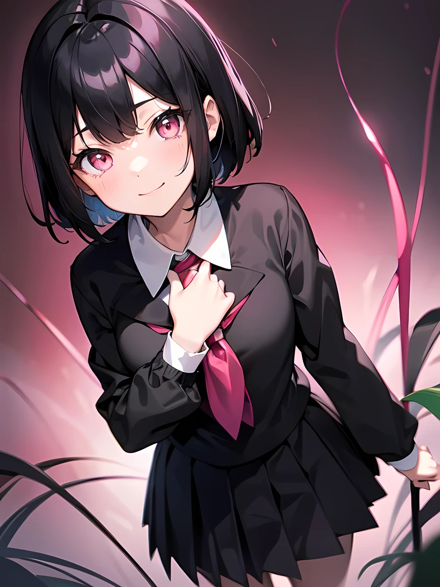 Short black hair、（Glowing pink eyes、Black blouse、school uniform:1.3）、、Mouth closed、smile、Short stature:1.2、Small breasts、Anime Style、Strange carnivorous plants:1.1