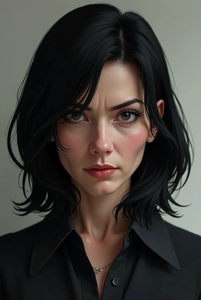 dark haired woman in her 45s serious face,