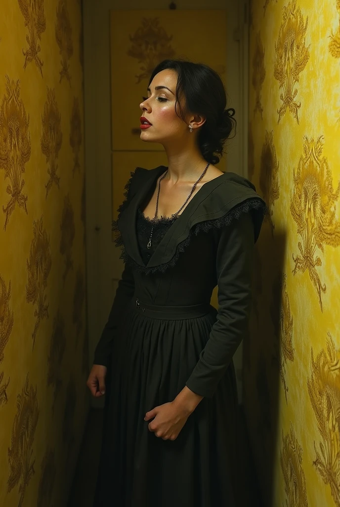 A Victorian woman captive in room of yellow wallpaper, she's looking agitated and sad