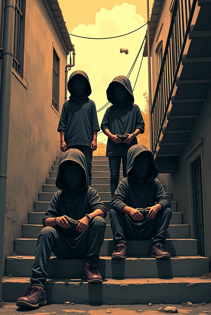 Draw a stencil shape of four children on a staircase, where two are standing, two sitting, all wearing a shirt covering their face and holding books as if they were weapons, looking like bandits from the favelas of Rio de Janeiro.