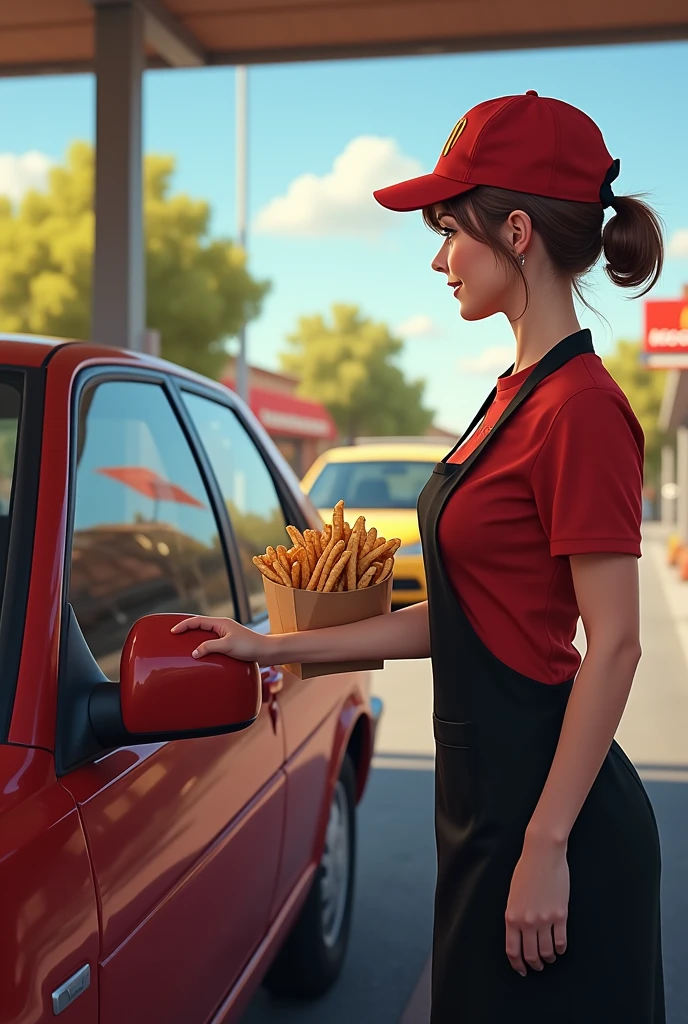 Viewpoint: From inside the car waiting at the drive-thru.
Context: A sunny day at the McDonald's drive-thru.
Character: A 50-year-old woman with short-cropped brown hair. She is generously bosomed and wears the iconic McDonald's uniform, a red t-shirt and black apron. Her hair is tied back under a McDonald's cap.
Action: As your car pulls up to the drive-thru, she approaches the window with a big smile. She holds out a bag full of orders, her gestures full of enthusiasm. The enticing smell of fries and burgers wafts through the air.
Style: Realistic, realistic photo.