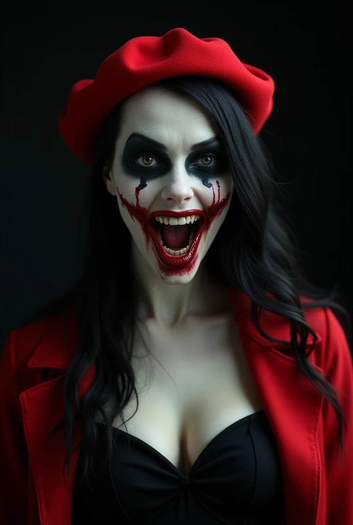 she、A woman with a pale face and white skin、The black around the eyes makes it look scary.。Her mouth, covered in red lipstick, is slit wide like a monster&#39;s, all the way to her ears.。Laughing while bleeding。long, Black Hair; she、Wearing a black dress, She&#39;s wearing a red coat over it., she恐ろしい見た目, she赤いベレー帽を必ず着けています。Her eyes are black。The background is a horror-like black。The angle of view is only the face and shoulders、Show me.。