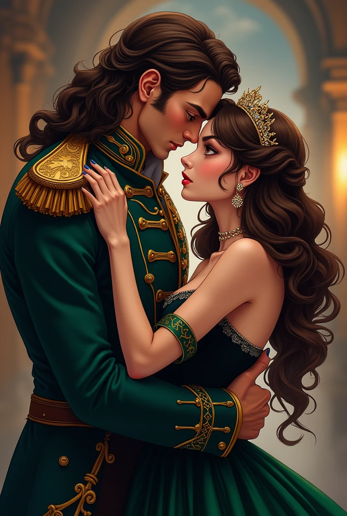 I would like to get an anime-style image of a couple, consisting of a tall, stately, masculine, athletic, charismatic man with long curly chocolate hair, wearing an antique long military uniform, he kisses an incredibly beautiful young femme fatale with long curly chocolate hair, dressed in a luxurious black and green dress, tiara, jewelry on the forehead.