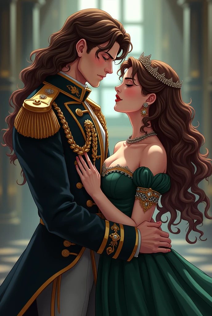 I would like to get an anime-style image of a couple, consisting of a tall, stately, masculine, athletic, charismatic man with long curly chocolate hair, wearing an antique long military uniform, he kisses an incredibly beautiful young femme fatale with long curly chocolate hair, dressed in a luxurious black and green dress, tiara, jewelry on the forehead.