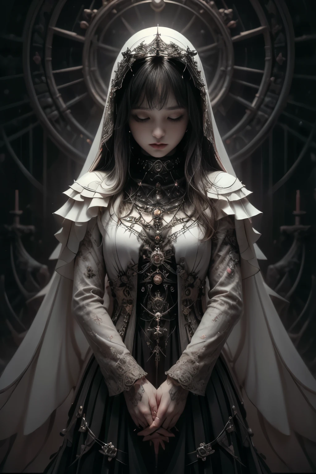((Highest quality、8k、masterpiece:1.3)),((Gothic Punk Angel、Prayer Pose))、Image color is white、Japan Maiden,((Full body portrait)),Best image quality,Ultra Clear,The facial features are delicate and well defined,Exquisite detail,(Camel Toe)、Slim body、Small breasts、Small Ass、Upright pose、Black Hair、Bob Style、Cropped bangs、masterpiece、Surreal、Anatomical、Facial muscles、elegant、Beautiful background、Octane Rendering,Cathedral