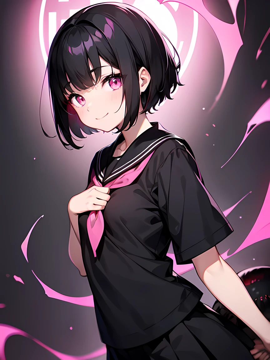 Short black hair、(Glowing pink eyes、Black blouse、school uniform:1.3)、Early teens、Mouth closed、smile、Short stature:1.2、Small breasts、Anime Style、Strange carnivorous plants:1.1