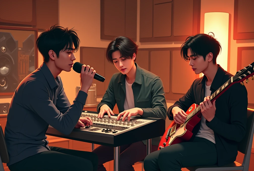Three handsome Korean male band members are in a professional recording studio, each deeply focused on recording a song. The first member is standing in front of a microphone with headphones on, passionately singing into it. He has styled dark hair and is wearing a casual but stylish outfit. The second member, with a slightly wavy hairstyle, is seated at a mixing console, adjusting the sound levels with a serious expression. The third member, with short, sleek hair, is playing an electric guitar while sitting on a stool, lost in the music. The studio has modern equipment, acoustic panels, and warm lighting that creates an intimate atmosphere, highlighting the creative energy of the session.