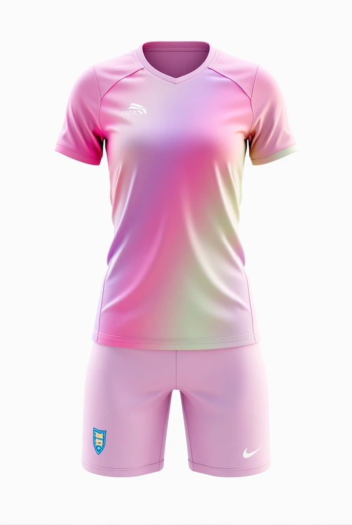Full pink and purple waterfall-style soccer uniform. 
