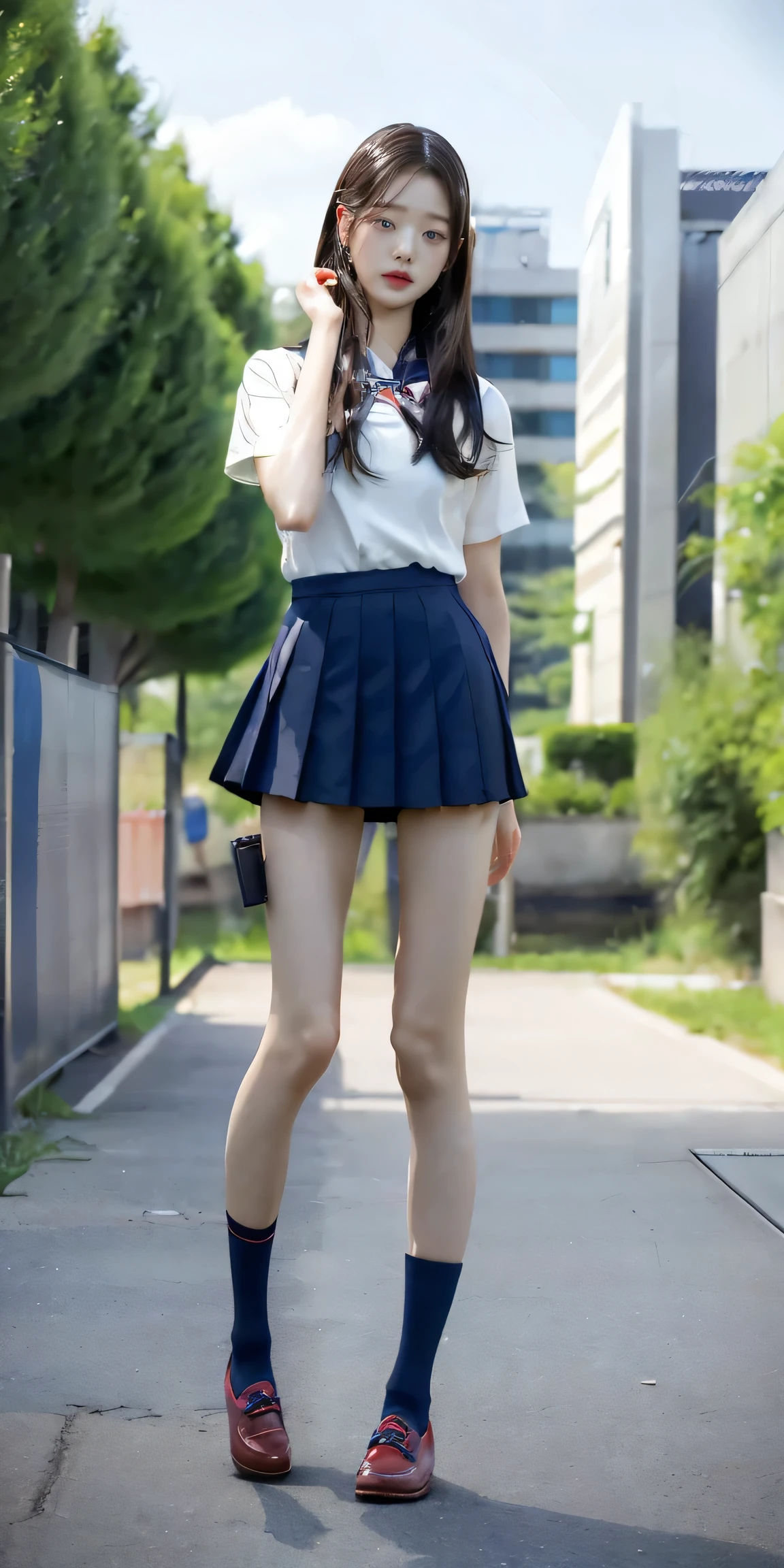 absurdes, RAW Photos, Very delicate and beautiful, masterpiece, Highest quality, Ultra-high resolution, 16K, hyperRealistic, Realistic, (((whole bodyショット:1.8)))，((Japanese high school girls in school uniforms:1.7)),((The background is a very stylish modern city:1.2)), ((It is a beautiful sidewalk that is ultra-modern and clean.:1.2)),(((whole bodyショット:1.8)))，((Checkered high school uniform short mini skirt:1.5)),((High school uniform summer short-sleeved white shirt:1.5)), ((Wear a red bow tie:1.6)),(((((Wear navy blue, very short ankle socks:1.8))))),((Wear black loafers:1.6))，(((Clothing that exposes a lot of bare skin:1.7)))，((Bare skin on feet:1.8))， ((Stand Upright:1.6)),((((Stand with your feet together:1.7)))),(Stand up straight:1.6),(Turn the whole body towards me),((((She looks just like Wonyoung from the Korean idol group IVE..:1.9))))，((Bare skin on thighs:1.8))，((Bare skin on lower legs:1.8))，(whole body :1.8),photoRealistic, photo-Realistic, Very detailed, Perfect ???????, Very detailed肌, Perfect figure, Very detailed CG 8k wallpaper, Erect nipples, perfect nipples, Perfect breasts, Perfect hands, Perfect Fingers,  Fair skin, Medium chest, blush, the wind is strong,Long legs，Thin legs， sexy legs,Sunny daytime,9 heads and body beauty, Fluffy hair, bangs,Green roadside trees can be seen in the background., (2 people :1.5), Small Ass，long and thin arms，Long legs, Mid-chest, Beautiful Hair,Hands down,Tight waist， friend,  smile,cute,Beautiful girl happy,Medium chest,  Laughter,Black Hair, Tight waist，((Height 173cm:1.3))，Slim model body shape，(slim and muscular athletic build:1.3)，(slim but muscular legs)，(Thin thighs)，(Long thighs)，1 person,Long legs，((((Anatomically correct:1.4))))