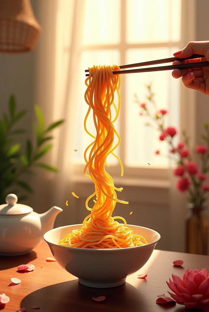 S A bowl of noodles artfully lifted
by chopsticks, the noodles
forminga figure-like shape. The
scene is set on a table with a
teapot and flowers in the
background, with warm, soft
lighting filtering through sheer
curtains, creating a cozy and
inviting atmosphere. The focus is
on the noodles, which appear to
be almost dancing, with a
realistic, detailed, and slightly
surreal style.