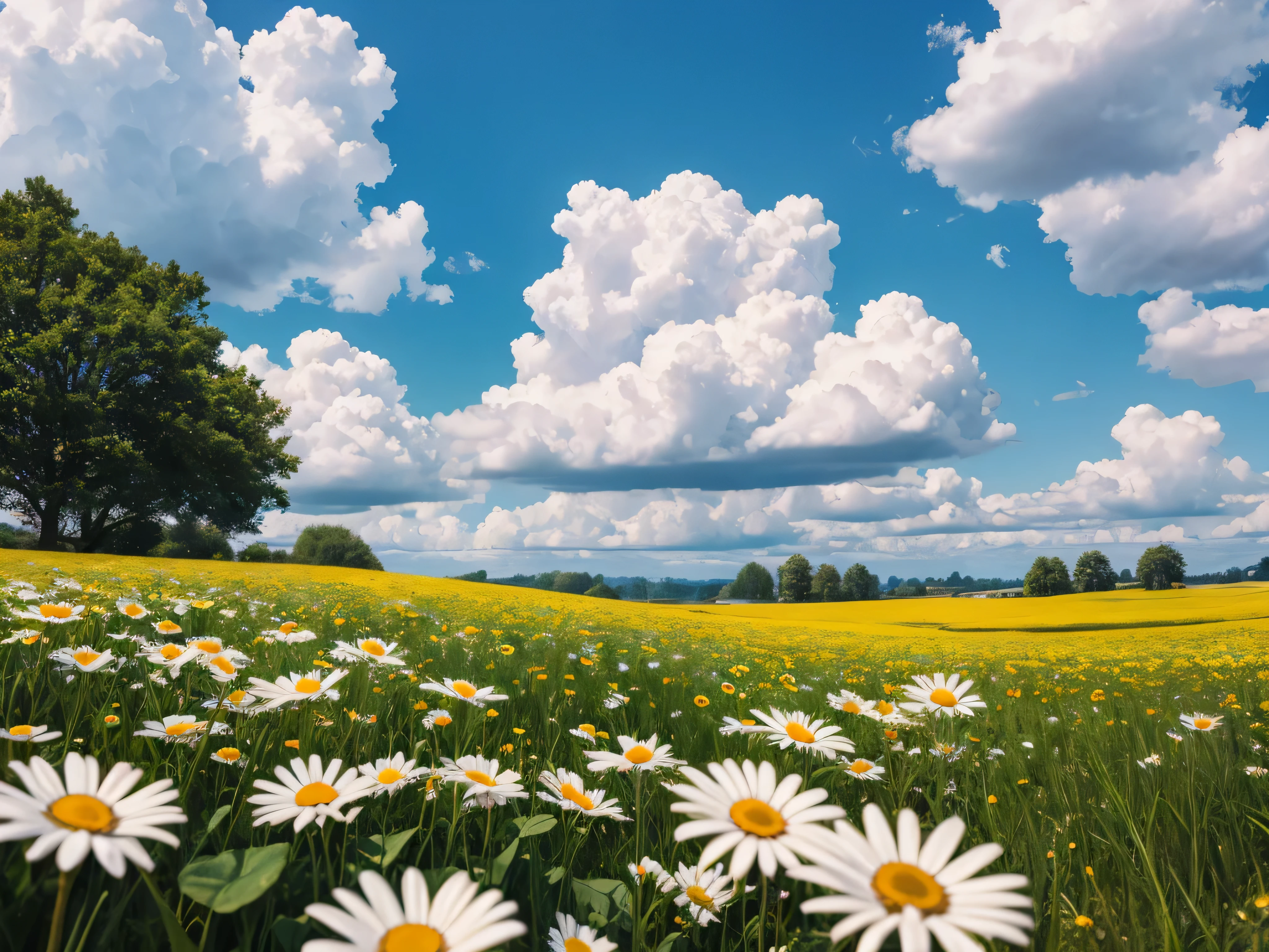 professional photo, high resolution ,a blooming daisy, early afternoon with sun and clouds