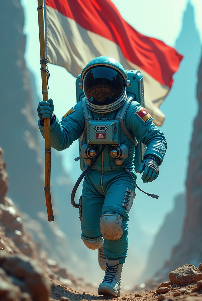 (photorealism9:16)cyan colored male astronaut in a black helmet with a sharpened bamboo stick in his hand and raised upwards with the Indonesian flag while running