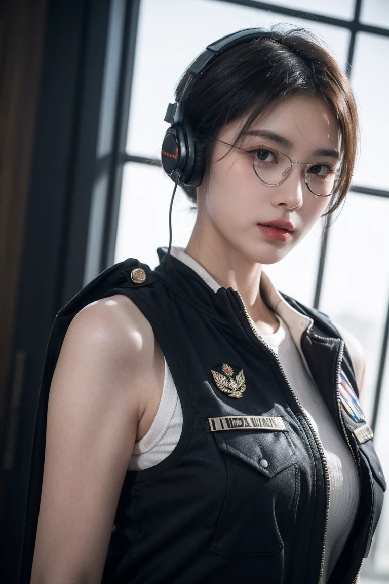 masterpiece , a girl, in battlefield, ( lite white short hair:1.2), (red eyes:1.2), (Russian Millitary Uniform:1.2), (looks at the viewer:1.2) , (8k, best quality 1.2), ultra-detailed, 8k uhd, soft lighting, high quality, film grain, beautiful lighting, cinematic ,perfect body , best illumination, best shadow, sharpness, contrast, red glasses, messy hair, tactical vest, gloves, headset, absurdres high detailed face