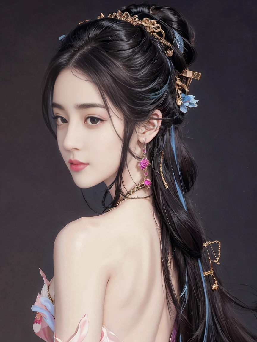 highly detailed, 8K, masterpiece, 1 girl, blue pink_hair, nude, Smile, (perfect_Face), boundary, close up, crazy, exist_Back, Gorgeous, complicated, Dramatic Lighting, 4K, detailed_Background, Caustics, full_Body,
