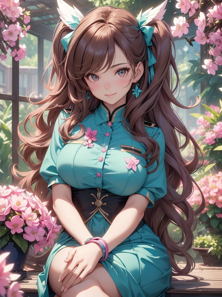 (best quality,4k,8k,highres,masterpiece:1.2),ultra-detailed,(realistic,photorealistic,photo-realistic:1.37),acrylic painting,beautiful Brazilian model in a uniform outfit with downy hair,beautiful Brazilian model with extremely colorful brown hair and detailed facial features,beautiful Brazilian model standing in a beautiful garden sakura flowers, long hair,cat ears, hair bows, teal and pink uniform outfits, smile, happy face,light  brown  hair,butterflies, brown eyes,  mature woman, older woman, 30 year old, adult woman. Older lady, posing,Solo, teal and pink butterflies, sitting