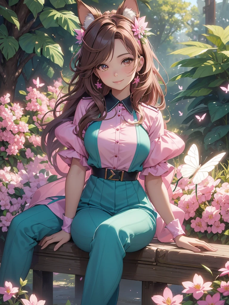 (best quality,4k,8k,highres,masterpiece:1.2),ultra-detailed,(realistic,photorealistic,photo-realistic:1.37),acrylic painting,beautiful Brazilian model in a uniform outfit with downy hair,beautiful Brazilian model with extremely colorful brown hair and detailed facial features,beautiful Brazilian model standing in a beautiful garden sakura flowers, long hair,cat ears, hair bows, teal and pink uniform outfits, smile, happy face,light brown hair,butterflies, brown eyes, mature woman, older woman, 30 year old, adult woman. Older lady, posing,Solo, teal and pink butterflies, sitting