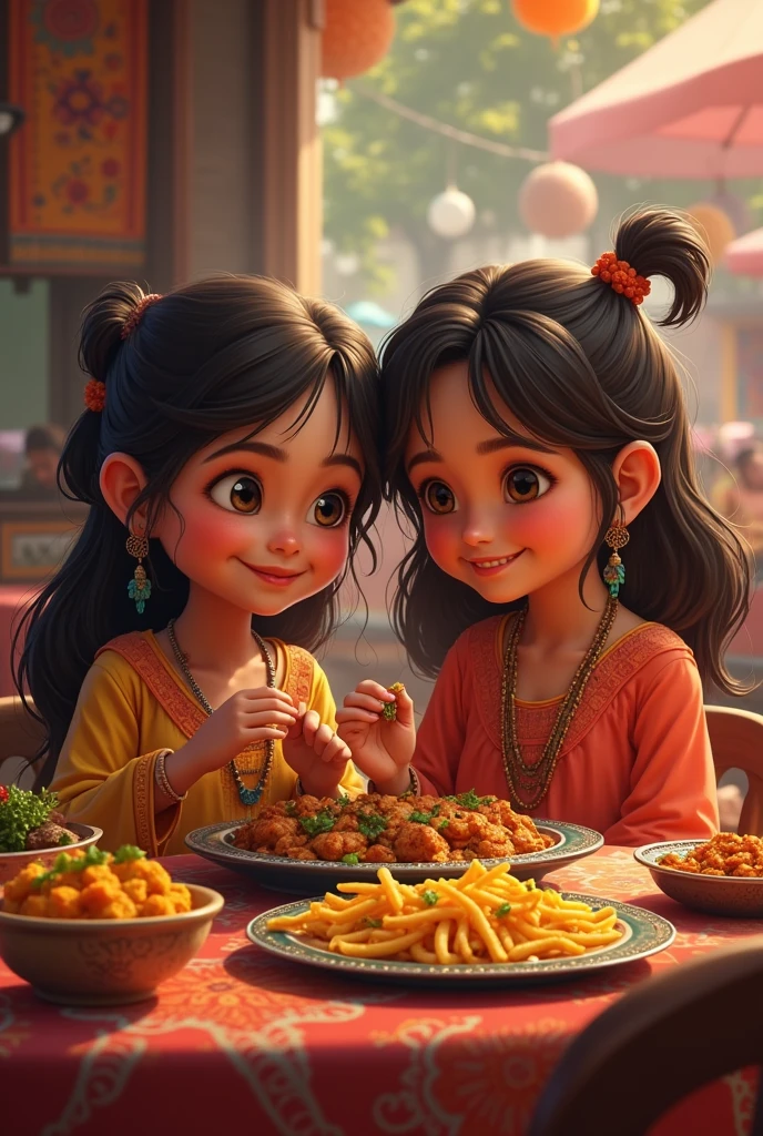 Two girl eating delicious Indian food