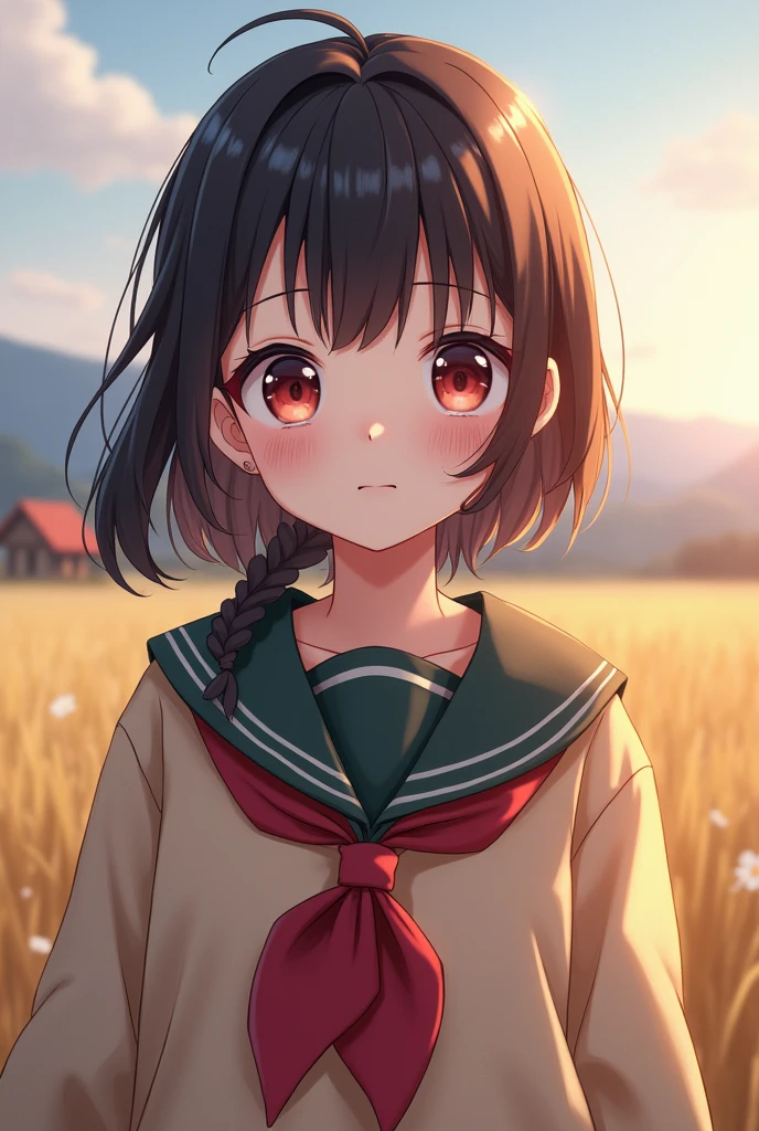 mix4, (16 K, Raw photography, Top image quality, masterpiece: 1.45), (realisitic, Photorealsitic: 1.37), one girls, 7.5, etc、Random hairstyle、Standing figure,Daytime、a very cute,countryside view,, profetional lighting, photon maping、physically-based renderingt, Gradient dark brown hair,Crisp backgrounds and high resolution, a handsome, Well-groomed and beautiful eyes、Large double eyelids、Very shiny、girl with, (((student clothes、Winter clothes、Sailor suit worn by Japan schoolgirl、Navy blue sailo