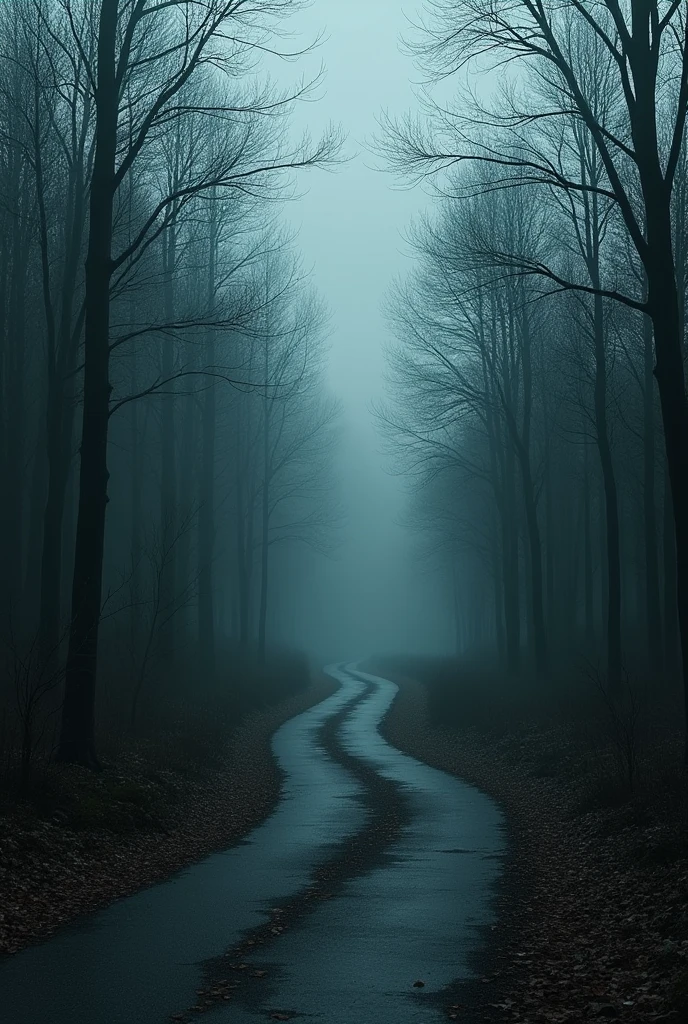 Take a deserted, winding road with gloomy air, and a dark forest around