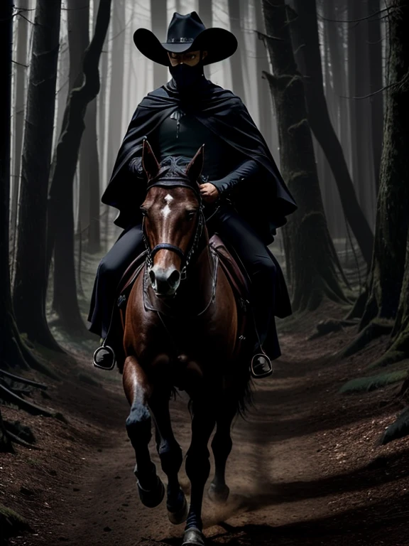 Dramatic, fantasy-style image featuring a mysterious figure on horseback. The layout is vertical, with the subject centered. The rider is dressed in dark, flowing garments, including a long cape and a wide-brimmed hat, both in shades of deep purple and black. The figure's face is obscured by a shadowy mask, adding to the enigmatic aura. The horse is black, adorned with matching dark tack. The background is a misty forest with tall, bare trees, and the overall color palette is dominated by purples and blacks, creating a moody, otherworldly atmosphere.