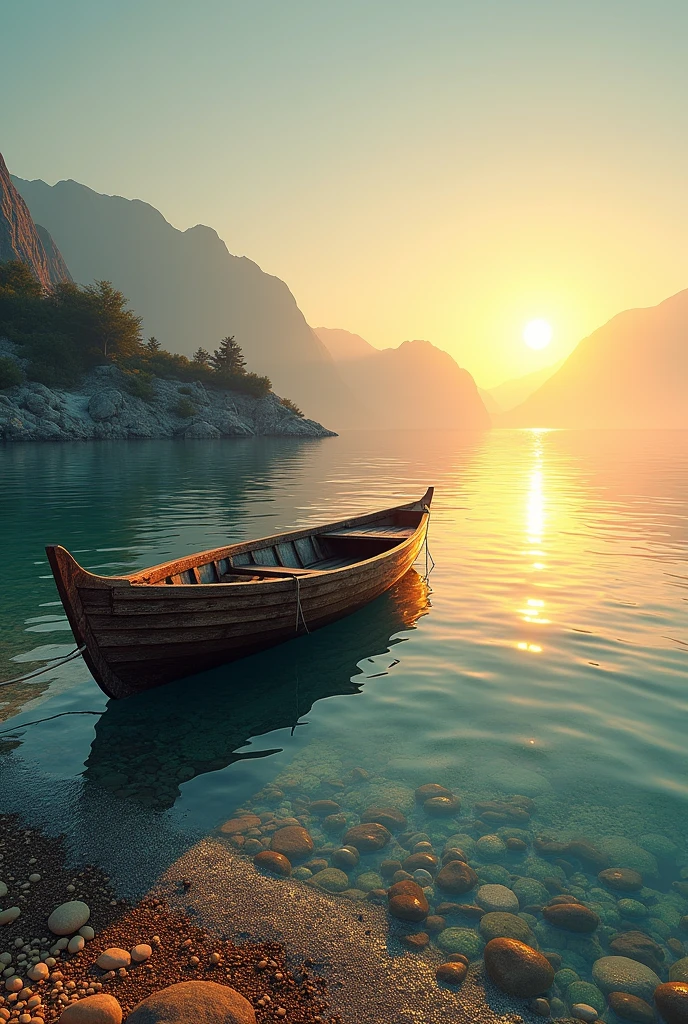This image shows a peaceful seascape during sunset. A lone wooden boat floats near the shore, which is covered with colorful pebbles and rocks. The water is so clear that you can see the rocks underwater. The sun is low in the sky and is partially blocked by the mountains in the background, creating a warm glow throughout the image.