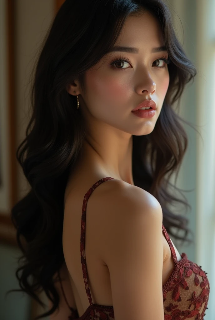 A beautiful girl with dark and long hair, brown Bambi eyes. His figure is curvy, OS 3/4 shot insinuating her perky b-cups. She's in her early twenties. Blouse Whitout, elegant dress, timeless glasses.A beautiful girl with dark and long hair, brown Bambi eyes. His figure is curvy, shot insinuating her perky b-cups. She's in her early twenties. Blouse Whitout, elegant dress, timeless glasses.