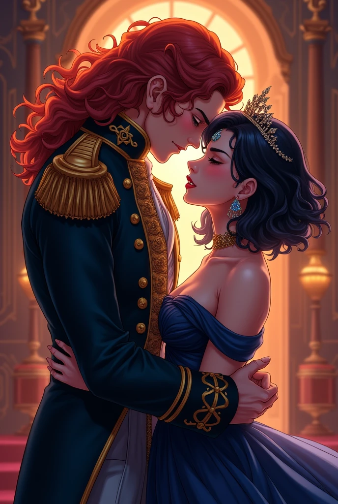 I would like to get an anime-style image of a couple, consisting of a tall, stately, masculine, athletic, charismatic man with long curly red hair, wearing an antique long military uniform, he kisses an incredibly beautiful young femme fatale with short, very black hair, dressed in a luxurious black and blue dress, tiara, jewelry on the forehead.