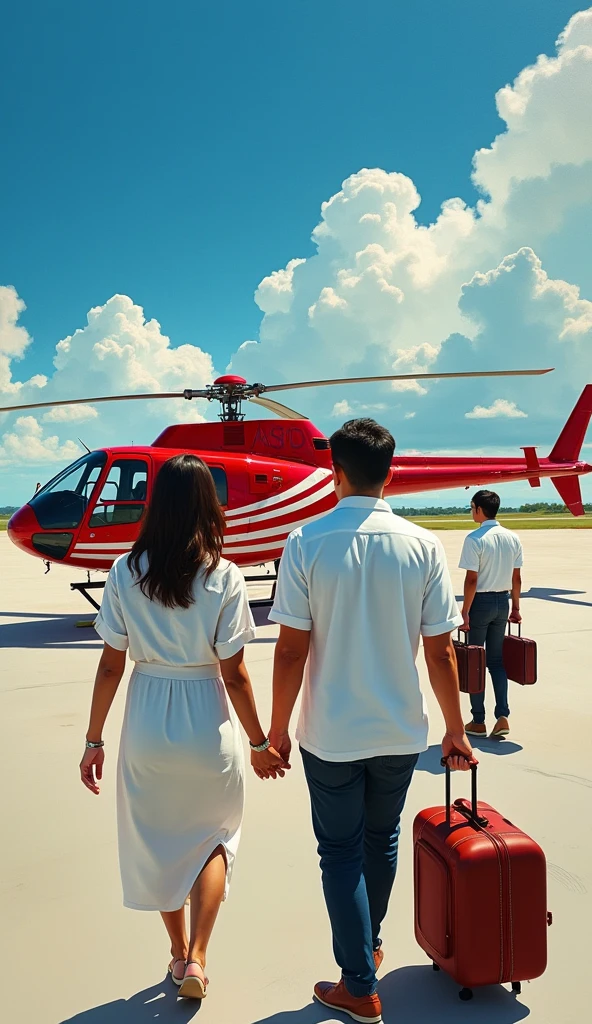 A handsome young man with a Javanese Indonesian face, a little fat in a white polo t-shirt and a beautiful Indonesian woman in a white polo t-shirt, walked towards a red private helicopter with white stripes parked on the runway. followed by two assistants carrying suitcases, against a blue sky in the style of an oil painting