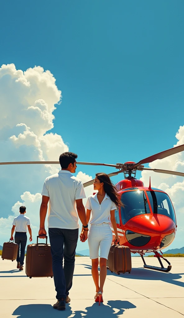 A handsome young man with a Javanese Indonesian face, a little fat in a white polo t-shirt and a beautiful Indonesian woman in a white polo t-shirt, walked towards a red private helicopter with white stripes parked on the runway. followed by two assistants carrying suitcases, against a blue sky in the style of an oil painting