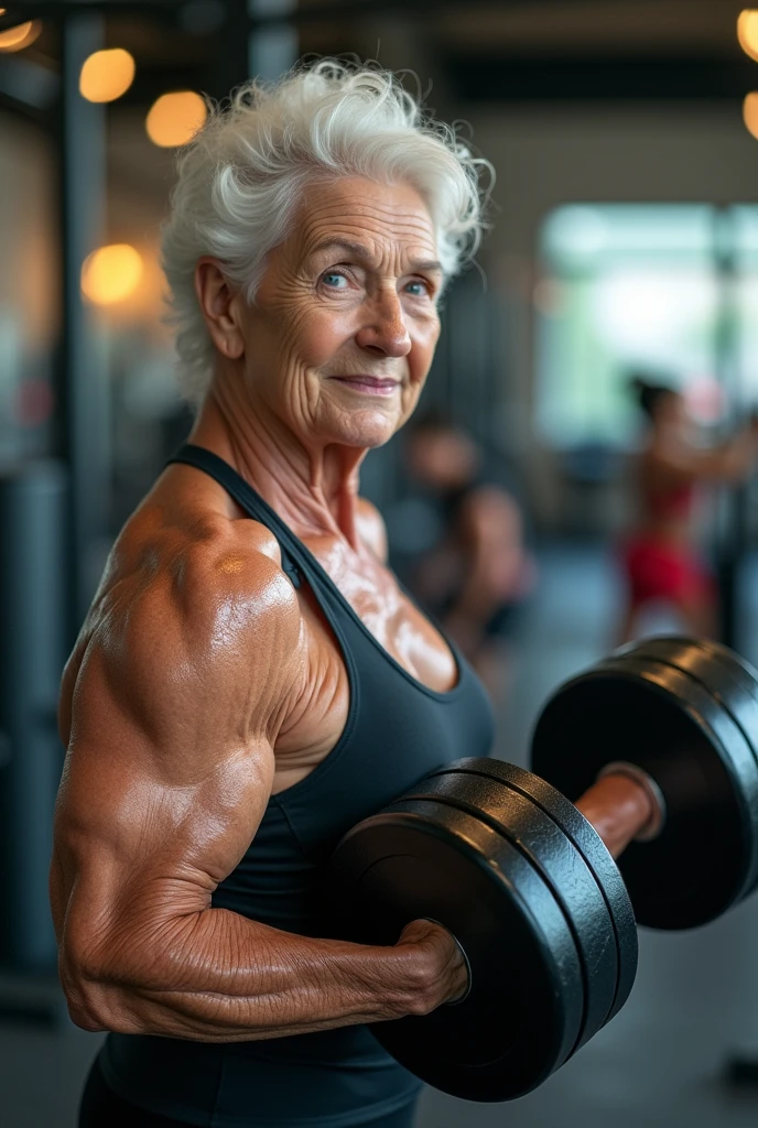 a gramdma in a gym with big muscles lifting dumbbells