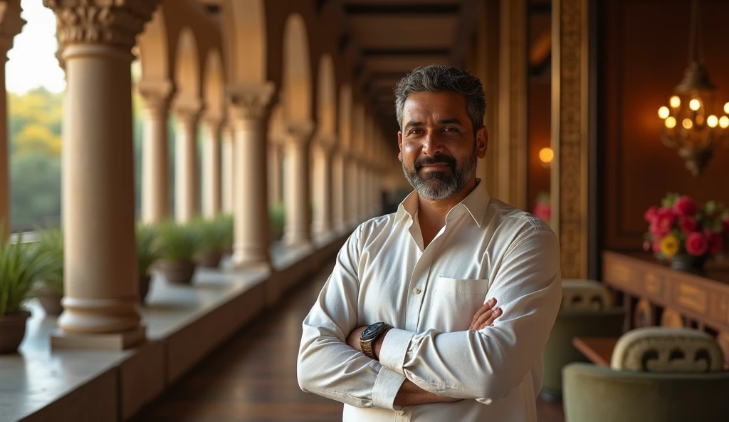A Marwari entrepreneur launching a new venture, with a backdrop of both traditional and contemporary elements.