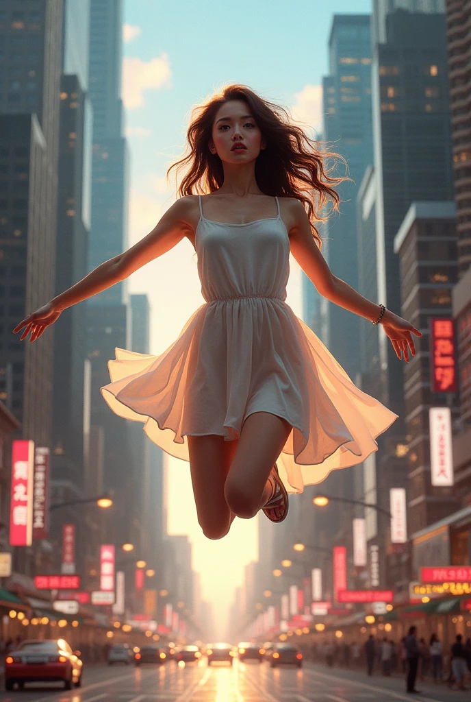(ultra-detailed, masterpiece:1.2), extremely detailed artwork, best quality, high-resolution, hyper-realistic:1.37, attractive girl, breathtaking leap, background cityscape, realistic lighting, vibrant colors, elegant dress, flowing hair, graceful posture, mesmerizing expression, captivating eyes, delicate facial features, dynamic movement, bustling streets, towering skyscrapers, busy traffic, glowing neon signs, vibrant city life, breathtaking urban scenery, intricate architectural details, vivid city lights, bustling city ambiance, bustling streets, modern cityscape, urban energy