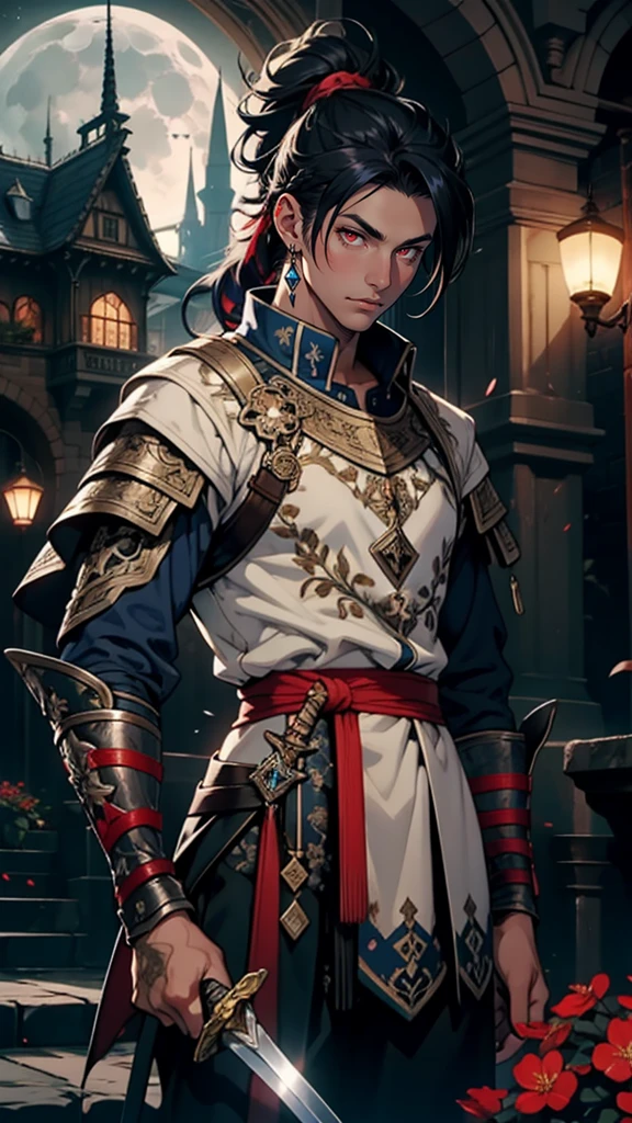 a young man holding sword, in the style of dark blue and light azure, 8k uhd, weapon, red eyes, flower, sword, holding sword, ponytail, moon, holding, black hair, piercing, sky, cloud, macro shot, warm navy color grading, bokeh, horror(Hair style:1.5)(detailed landscape:0.6)(feminim:1.2)(hand detailed:0.2)(background masterpiece:0.1)pt8011