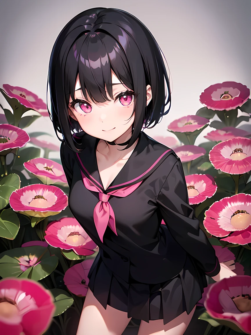 Short black hair、(Glowing pink eyes、Black blouse、school uniform:1.3)、Early teens、Mouth closed、smile、Short stature:1.2、Small breasts、Anime Style、Carnivorous plants:1.1