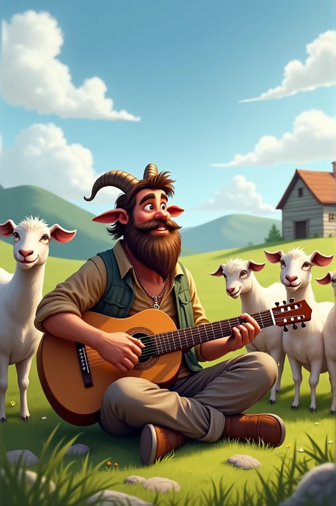 A man playing a guitar to goats
