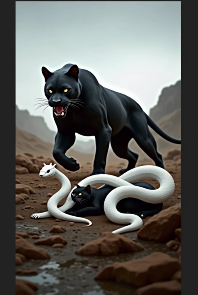 there is a black cat and a white snake together, the smooth black jaguar, snake is surrounding them, panther, the smooth black lioness, black panther, dangerous & powerful creature, dark queen of snakes, sharp teeth and claws, snake, menacing!!!, sharp black skin, snakes, animals mating, mixed with snake, big snake, snake fangs
