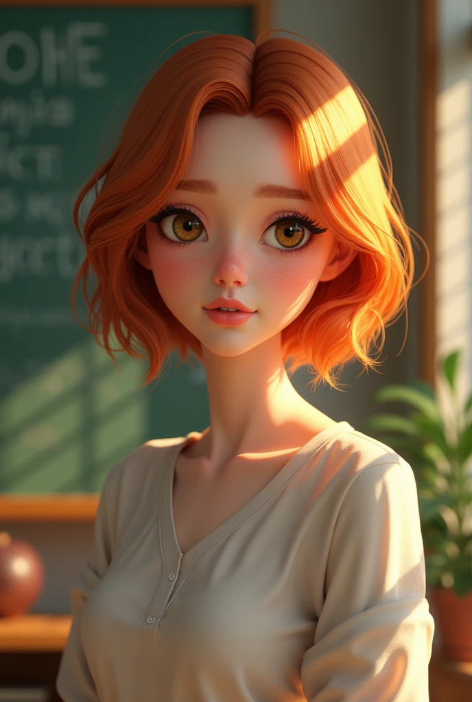 a beautiful young female teacher with short ginger hair, detailed facial features, realistic shoes, ultra-detailed, realistic, photorealistic, high resolution, 8k, masterpiece, extremely detailed, vivid colors, natural lighting, sharp focus, physically-based rendering, professional quality