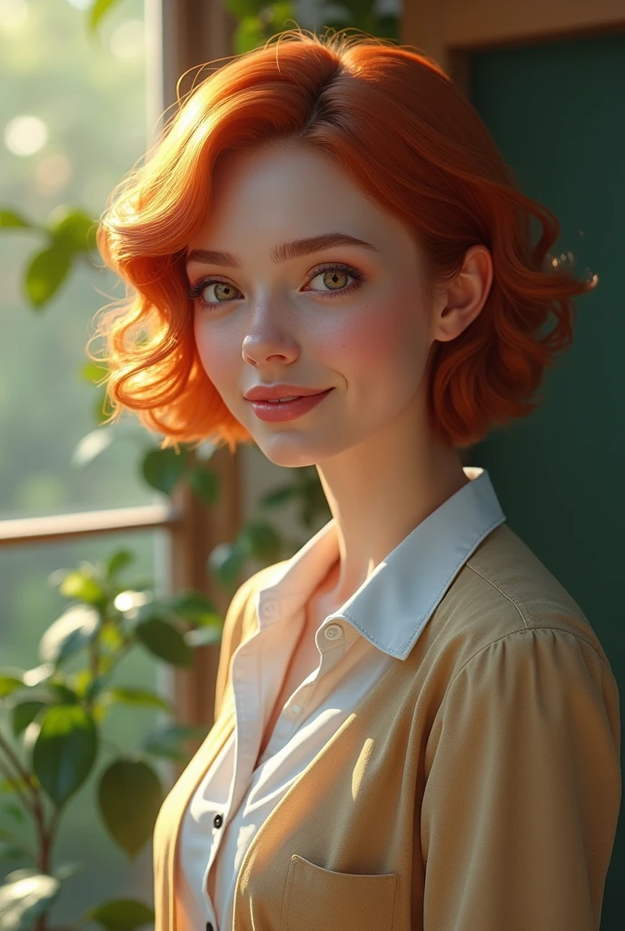 a beautiful young female teacher with short ginger hair, detailed facial features, realistic shoes, ultra-detailed, realistic, photorealistic, high resolution, 8k, masterpiece, extremely detailed, vivid colors, natural lighting, sharp focus, physically-based rendering, professional quality