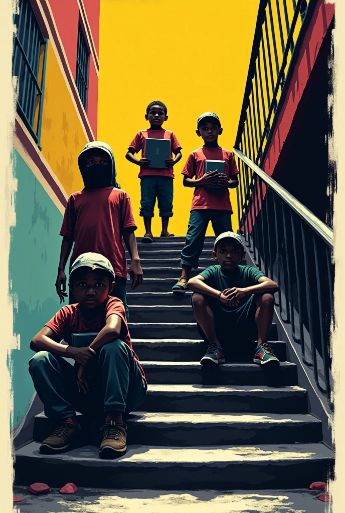 Draw a stencil shape of four children on a staircase, where two are standing, two sitting, all wearing a shirt covering their face and pointing books as if they were weapons, looking like bandits from the favelas of Rio de Janeiro.