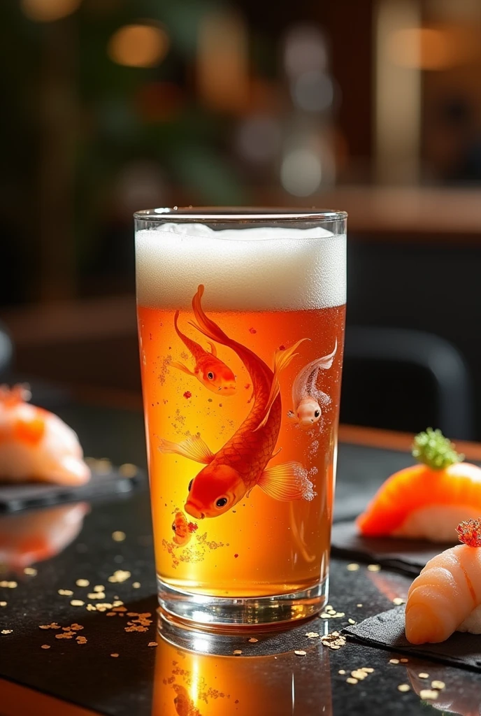 craft beer made from Koi fish. beer serve in a glass that decorate with koi fish, with Koi fish sushi, all are serve on the table in the luxury restaurant