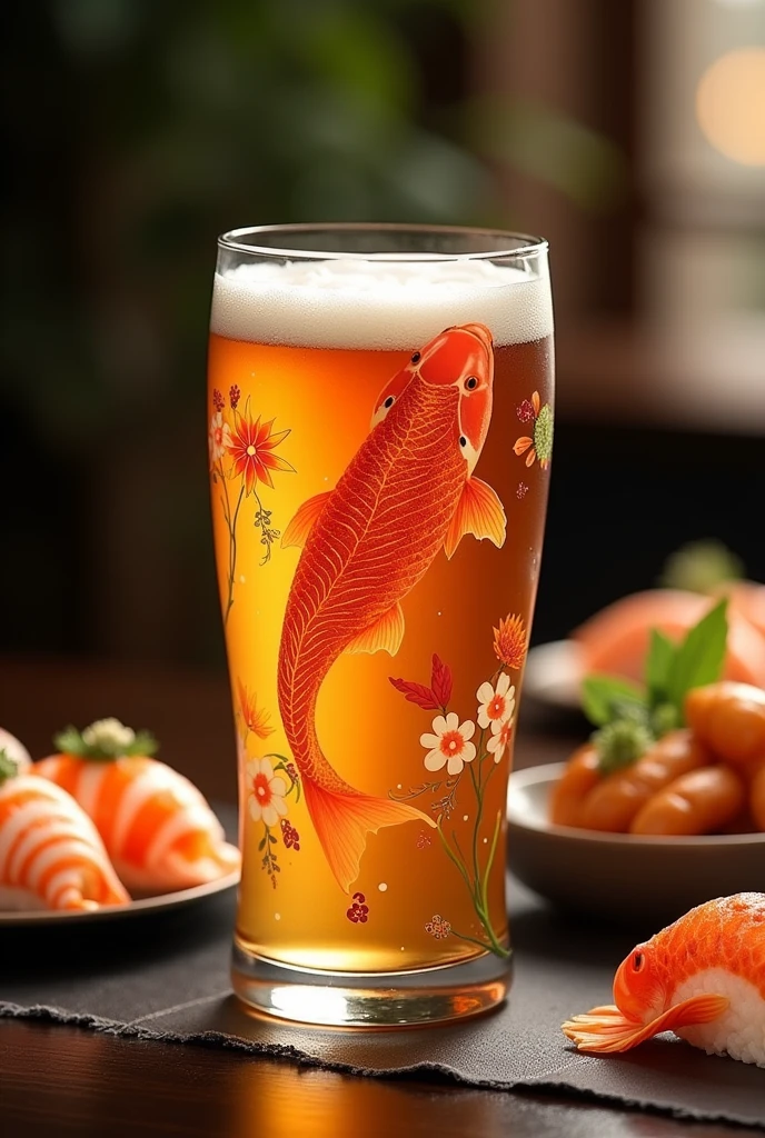 craft beer made from Koi fish. beer serve in a glass that decorate with koi fish, with Koi fish sushi, all are serve on the table in the luxury restaurant