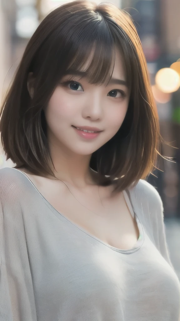 8k,Highest quality,(masterpiece:1.2),(Realistic),(Realistic:1.37),Ultra-high resolution,1 female college student,smile,Beautiful Eyes,Beautiful teeth alignment, In town,(((Cute casual clothes))),Big Breasts,Perfect body,Perfect Fingers,Professional Lighting,gravure,Detailed face and skin texture,fine grain,RAW Photos