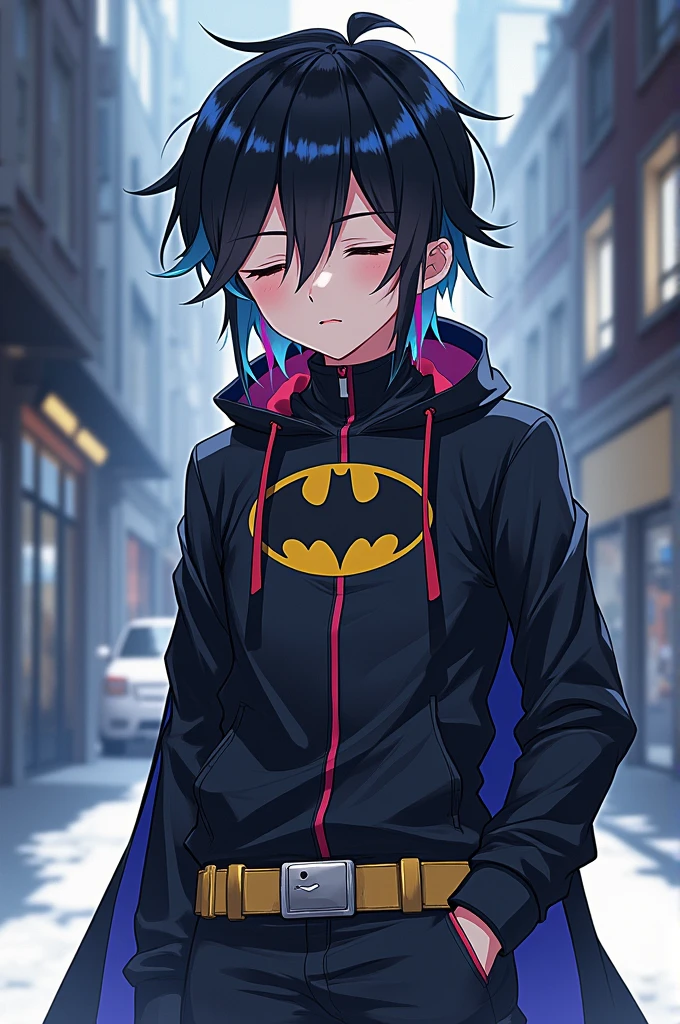 An anime boy wearing Batman clothes has Batman pants has black hair with colorful highlights has closed eyes