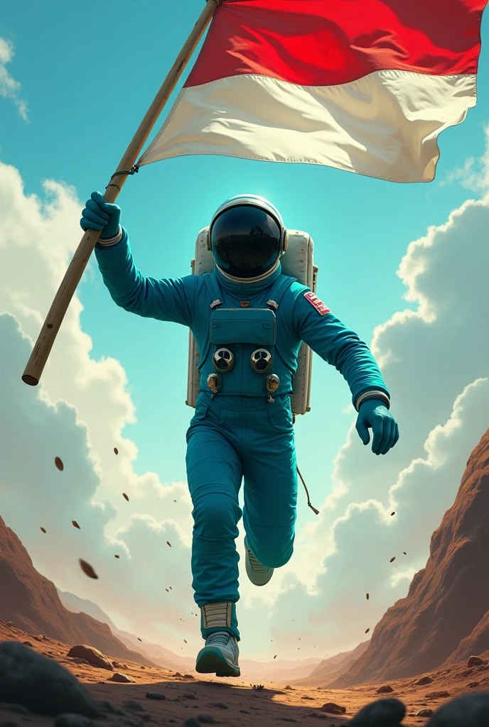 cyan colored male astronaut in a black helmet with a big sharpened bamboo stick in his hand and raised upwards with the Indonesian flag while running