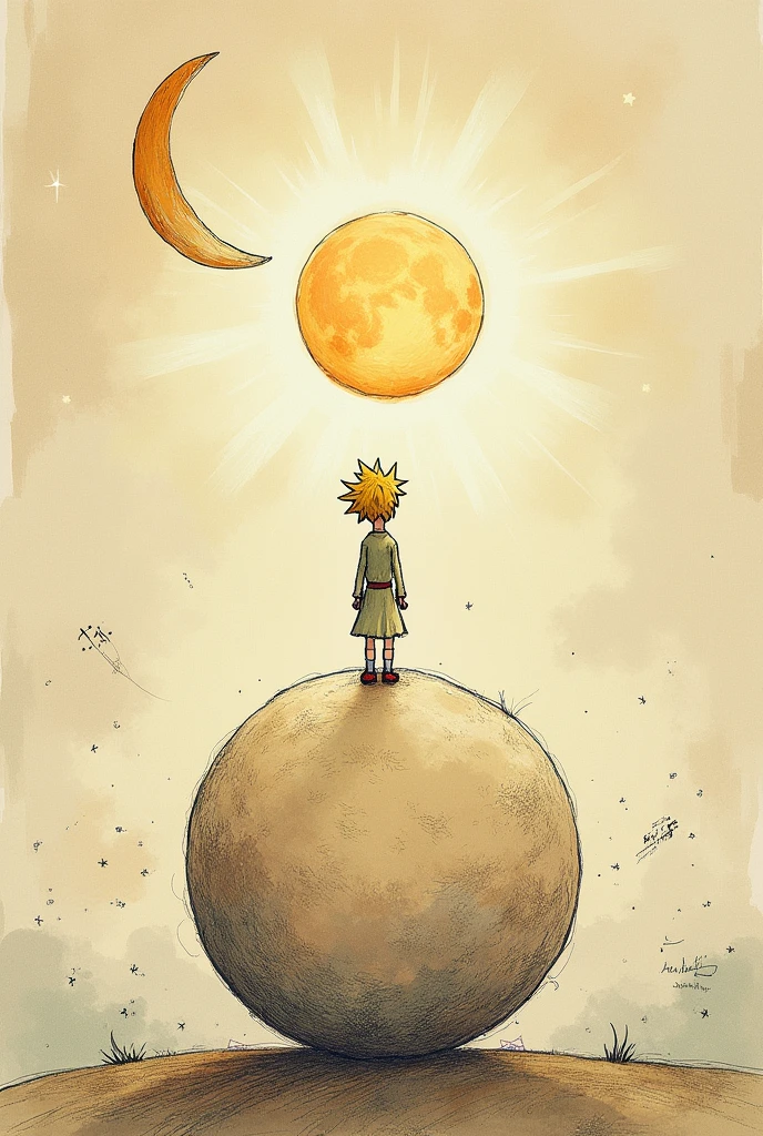 Create an image of the cover of the prince that is identical but something changes, that this is the moon and the sun, and that the character is the same and does not change That is above the moon, that it is more scribble like the book, that is not real, I take it as if it were pencil and colors