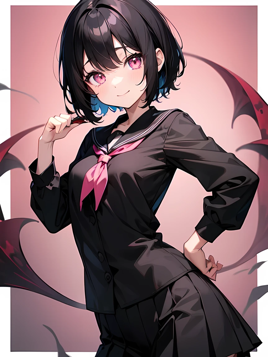 Short black hair、(Glowing pink eyes、Black blouse、school uniform:1.3)、Early teens、Mouth closed、smile、Short stature:1.2、Small breasts、Anime Style、Carnivorous plants:1.1