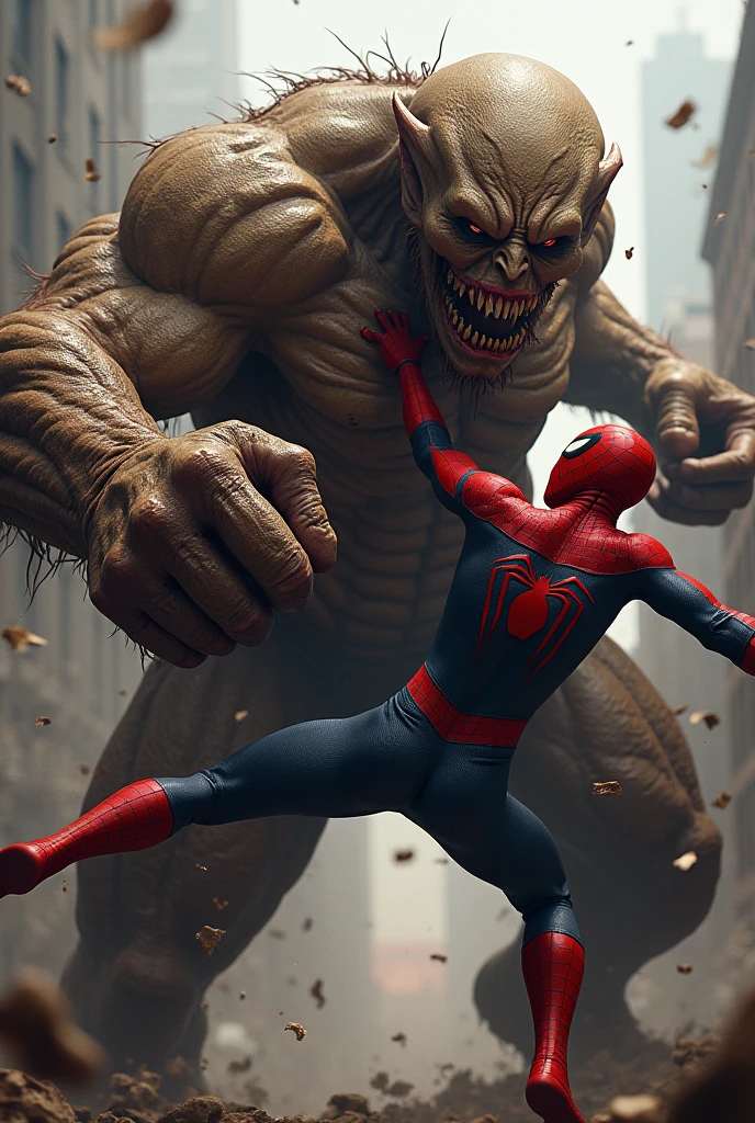 A medium manster punching at his face spiderman