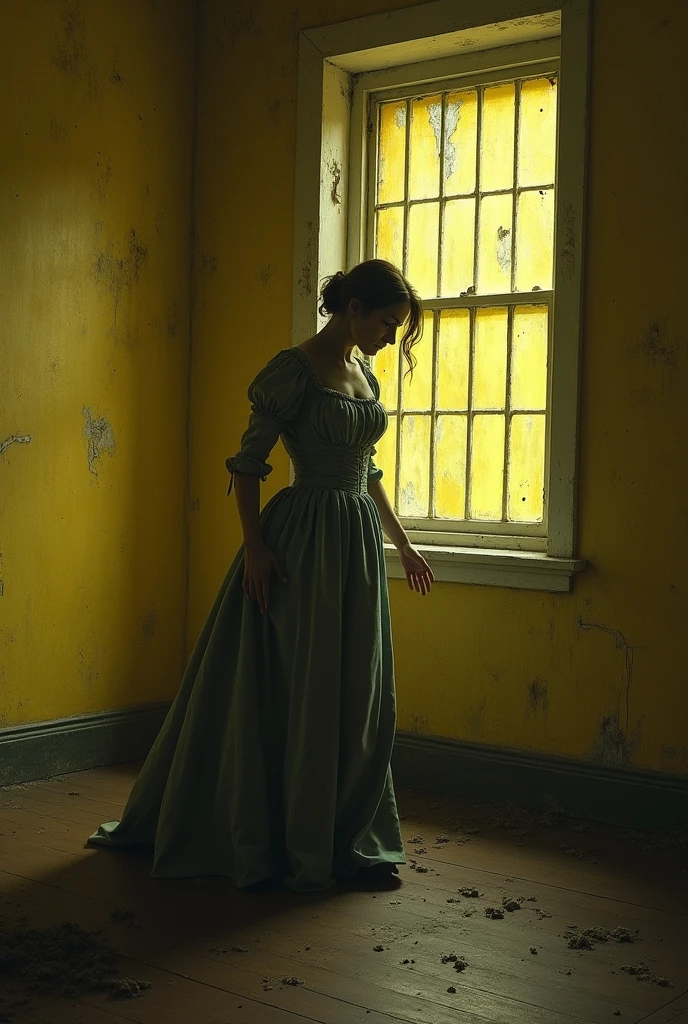 A Victorian housewife captive in room of yellow wallpaper and one window. She's agitated and depressed 