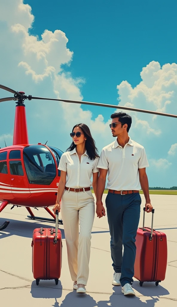 A handsome young man with a Javanese Indonesian face, a little fat in a white polo t-shirt and a beautiful Indonesian woman in a white polo t-shirt, walked towards a red private helicopter with white stripes parked on the runway. followed by two assistants carrying suitcases, against a blue sky in the style of an oil painting